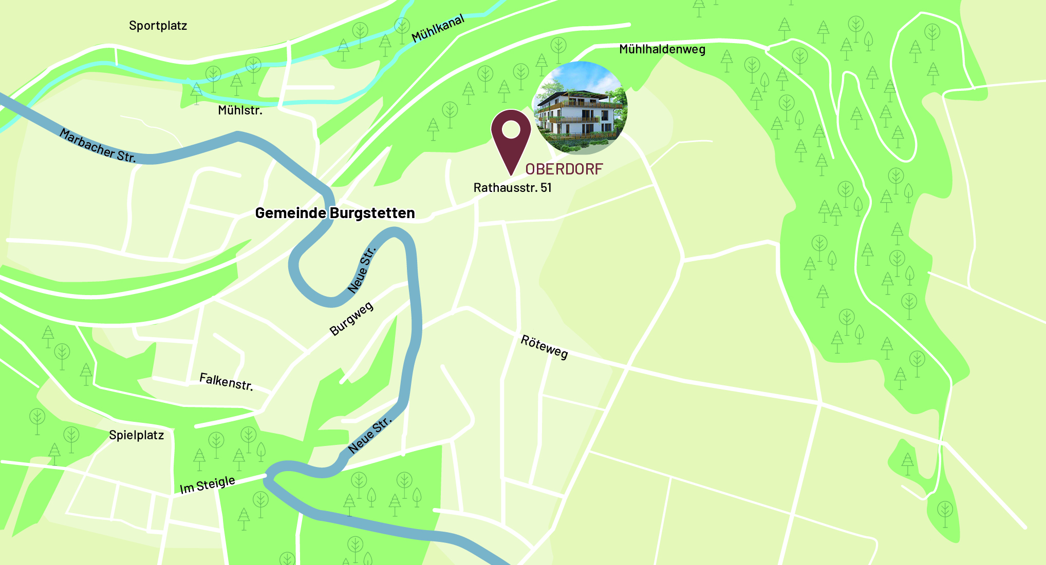 Karte mit Standortmarkierung des Mehrfamilienwohnhauses in Burgstetten-Oberdorf, Rathausstraße 51, umgeben von Grünflächen, Wegen und markanten Orientierungspunkten.