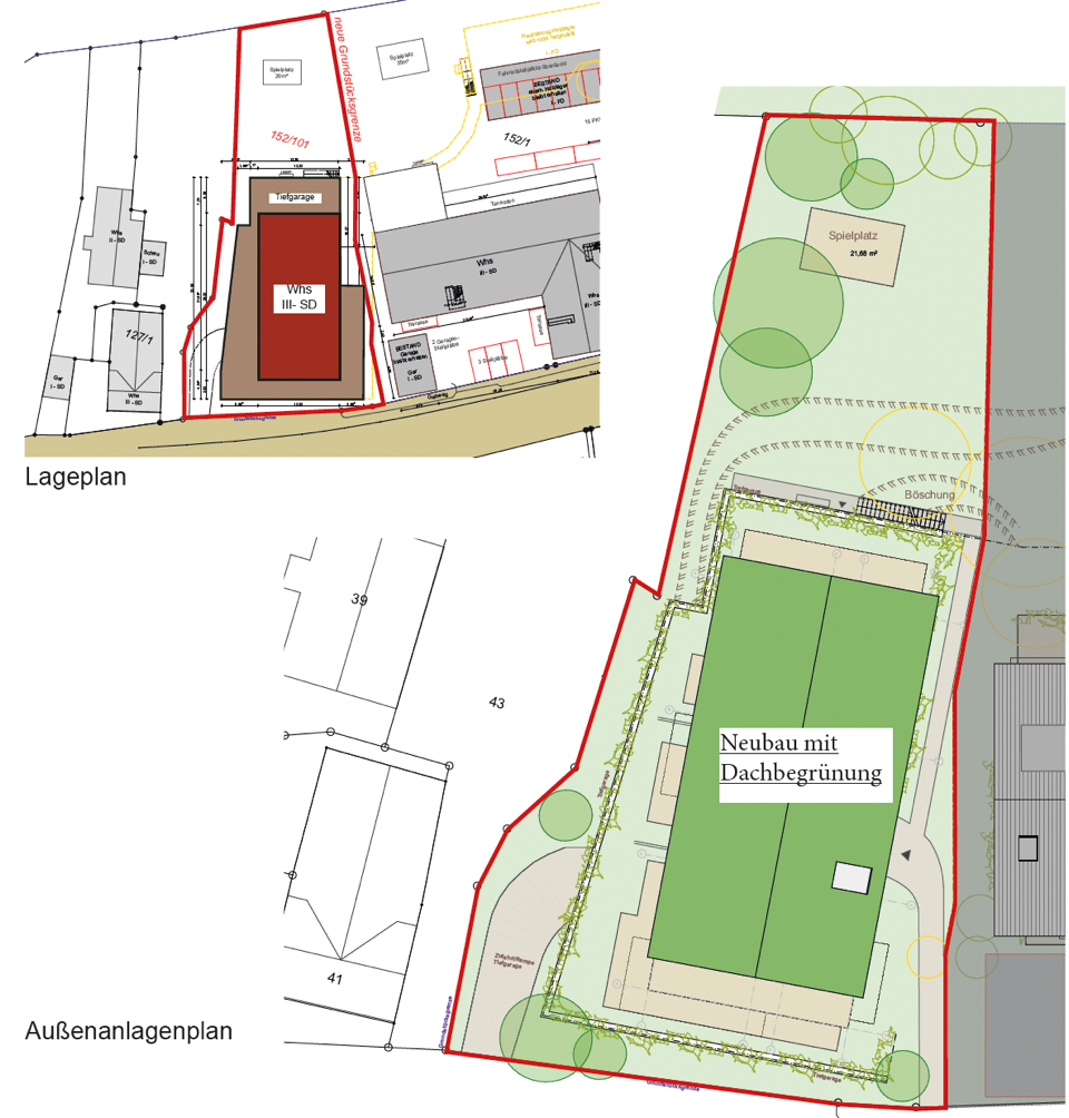 Lageplan des Mehrfamilienwohnhauses in Burgstetten mit Grundstücksgrenzen, Gebäudeposition, Tiefgarage und umgebender Bebauung.