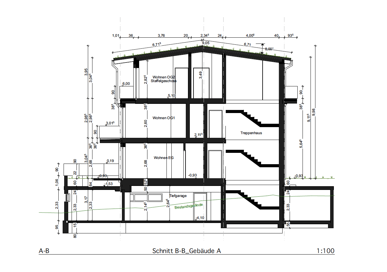 Gebäudeschnitt B–B des Mehrfamilienwohnhauses in Burgstetten mit Staffelgeschoss, Obergeschoss, Erdgeschoss, Tiefgarage und Treppenhausdarstellung.