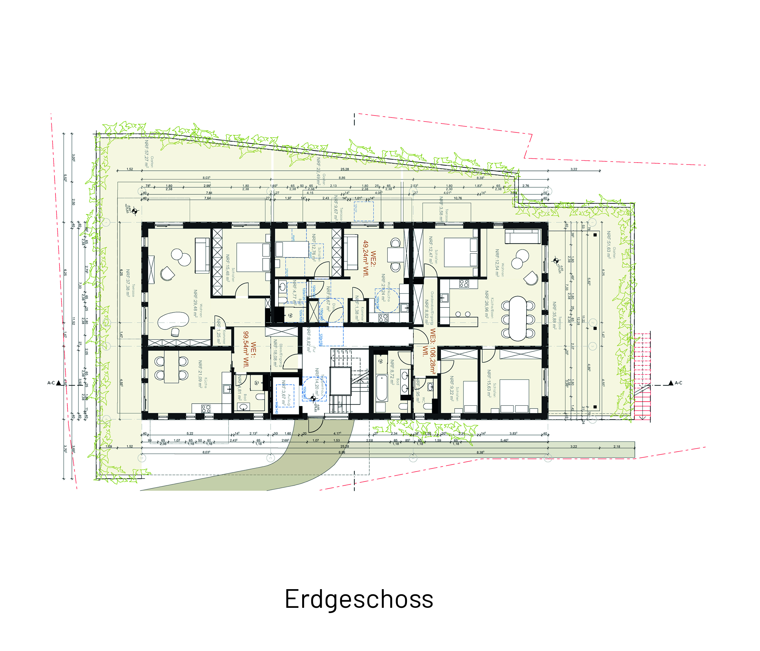 Erdgeschossgrundriss des Mehrfamilienwohnhauses in Burgstetten mit großzügigen Wohnungen, Terrassenflächen und funktionalen Nebenräumen.
