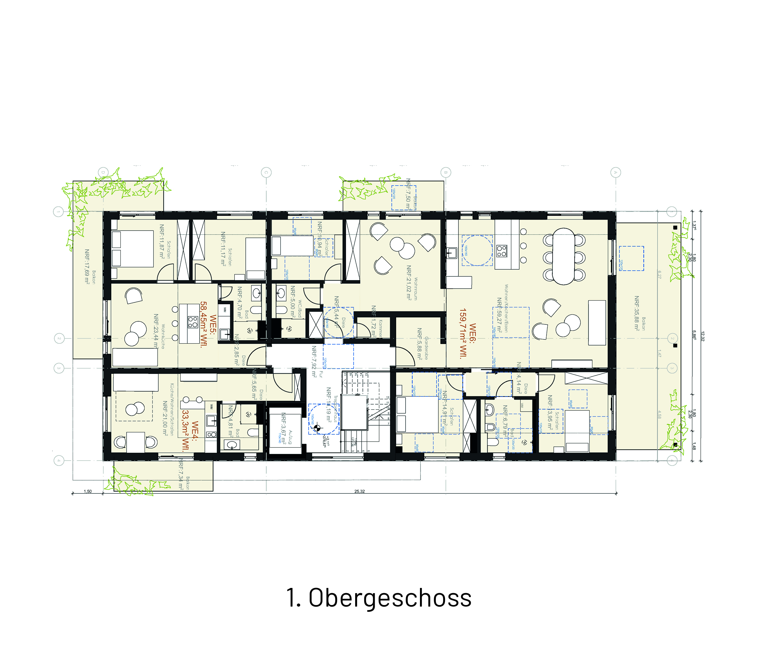 Grundriss des 1. Obergeschosses des Mehrfamilienwohnhauses in Burgstetten mit modernen Apartments, Balkonen und optimal genutzten Wohnflächen.