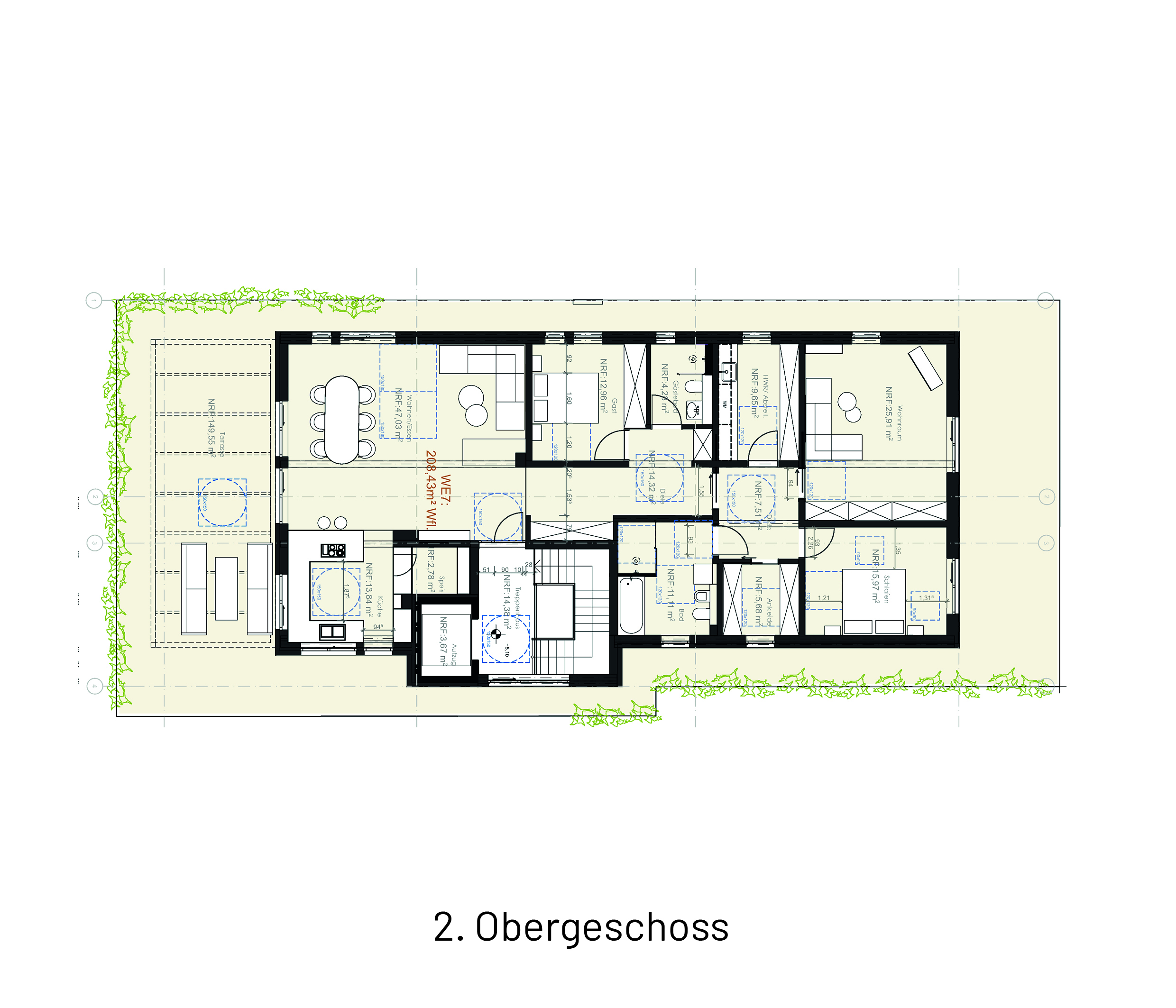 Staffelgeschoss-Grundriss des Mehrfamilienwohnhauses in Burgstetten mit exklusiver Loftwohnung, Dachterrassen und hochwertigen Wohnbereichen.