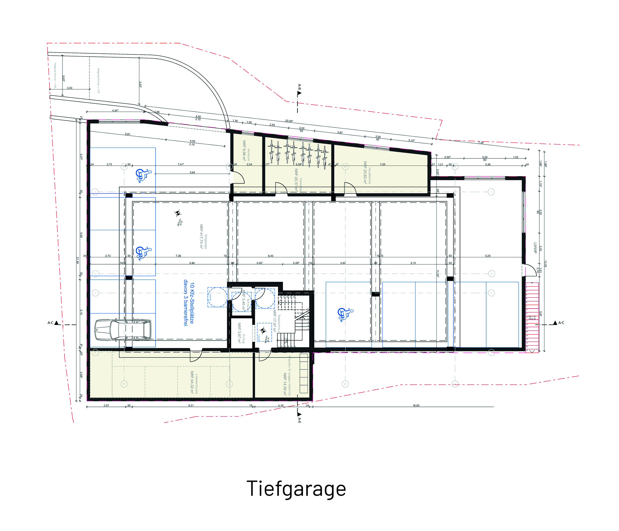 Tiefgarage des Mehrfamilienwohnhauses in Burgstetten mit PKW-Stellplätzen, Fahrradbereichen und barrierefreier Erschließung.