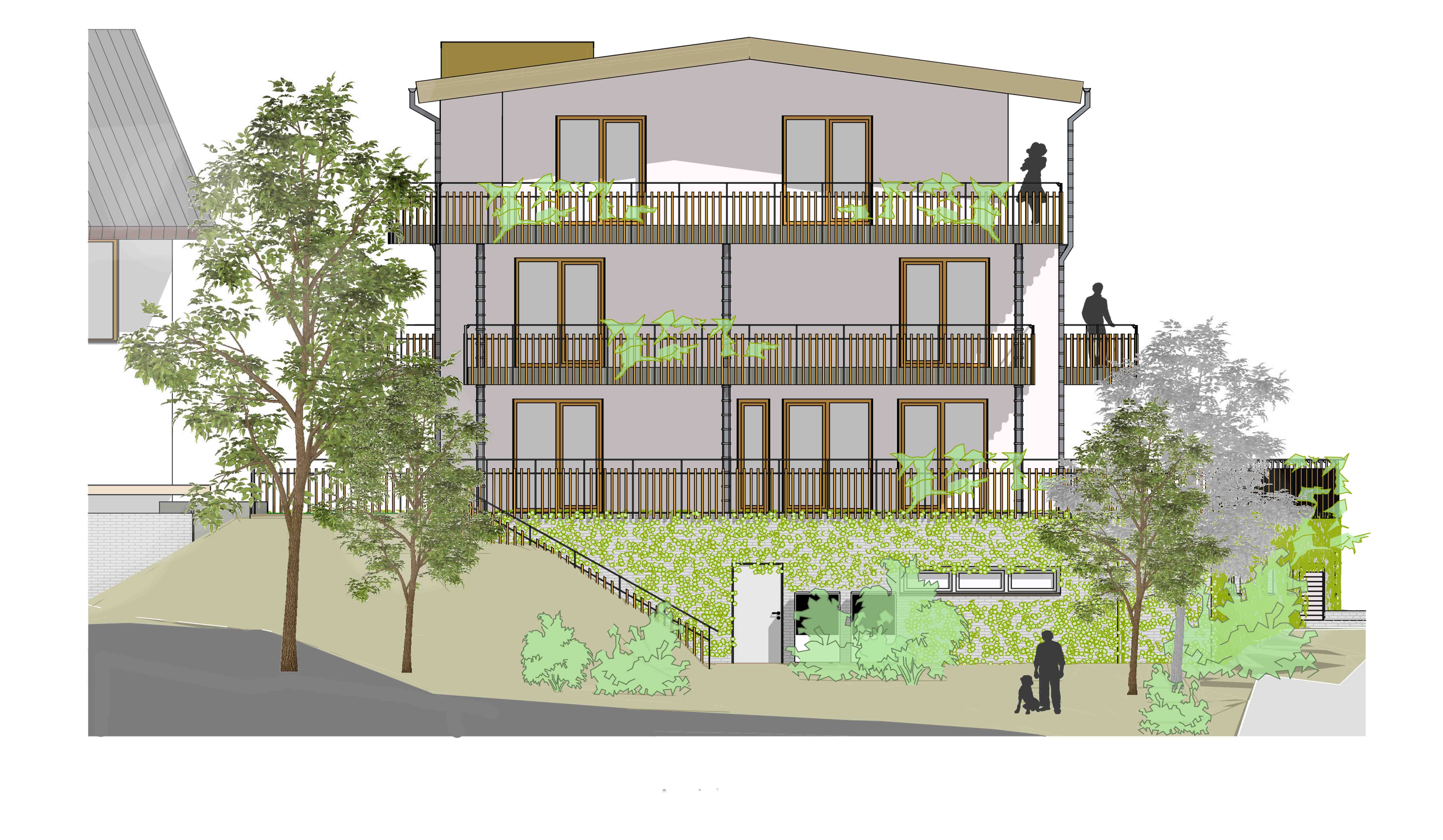 Nordansicht des Mehrfamilienwohnhauses in Burgstetten mit Terrassen, großzügigen Fensterflächen, begrünten Fassadenbereichen und harmonischer Einbettung in die Umgebung.
