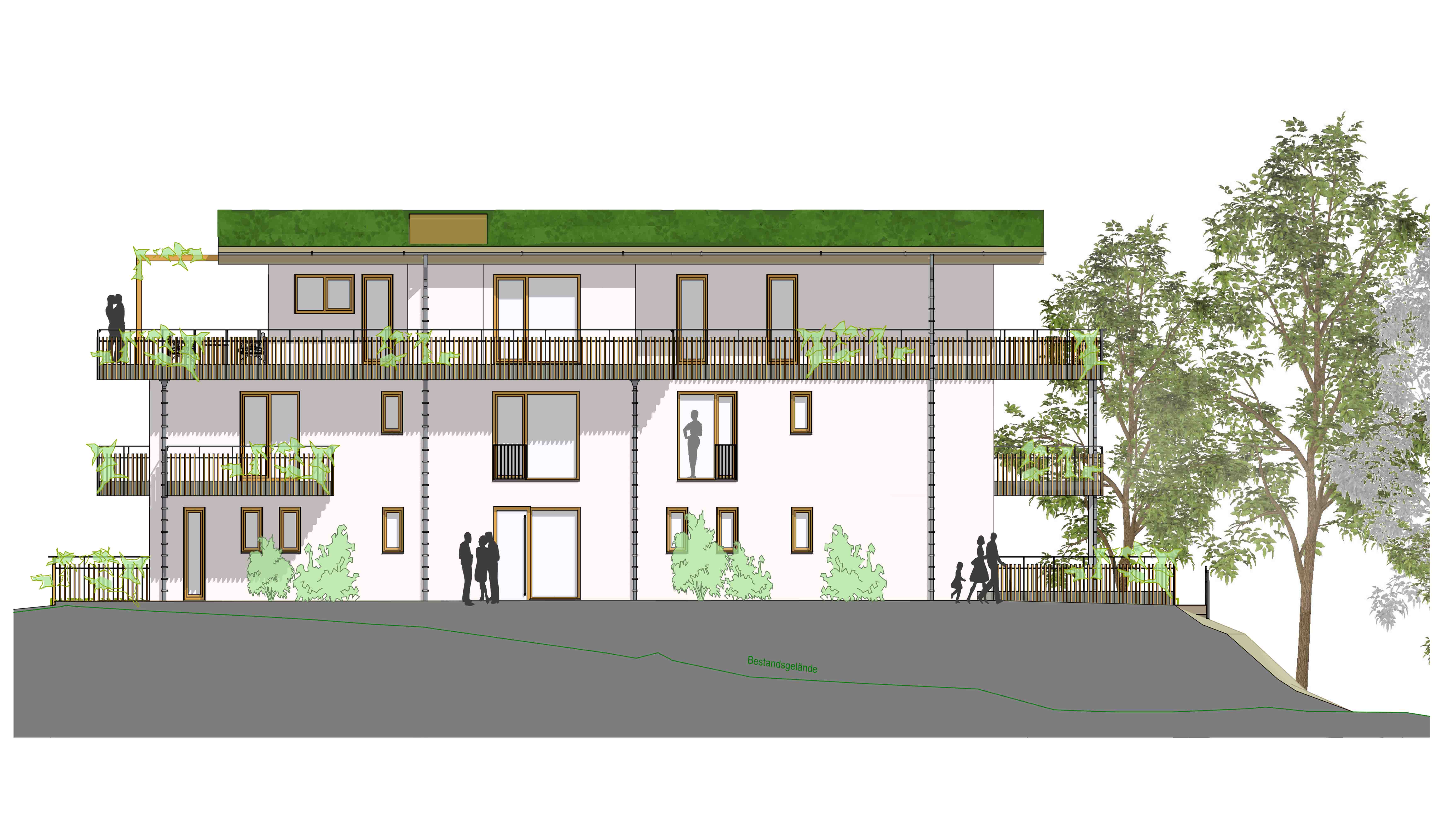 Ostansicht des Mehrfamilienwohnhauses in Burgstetten mit großzügigen Balkonen, begrüntem Dach, klarer Fassadengestaltung und harmonischer Integration in das bestehende Gelände.