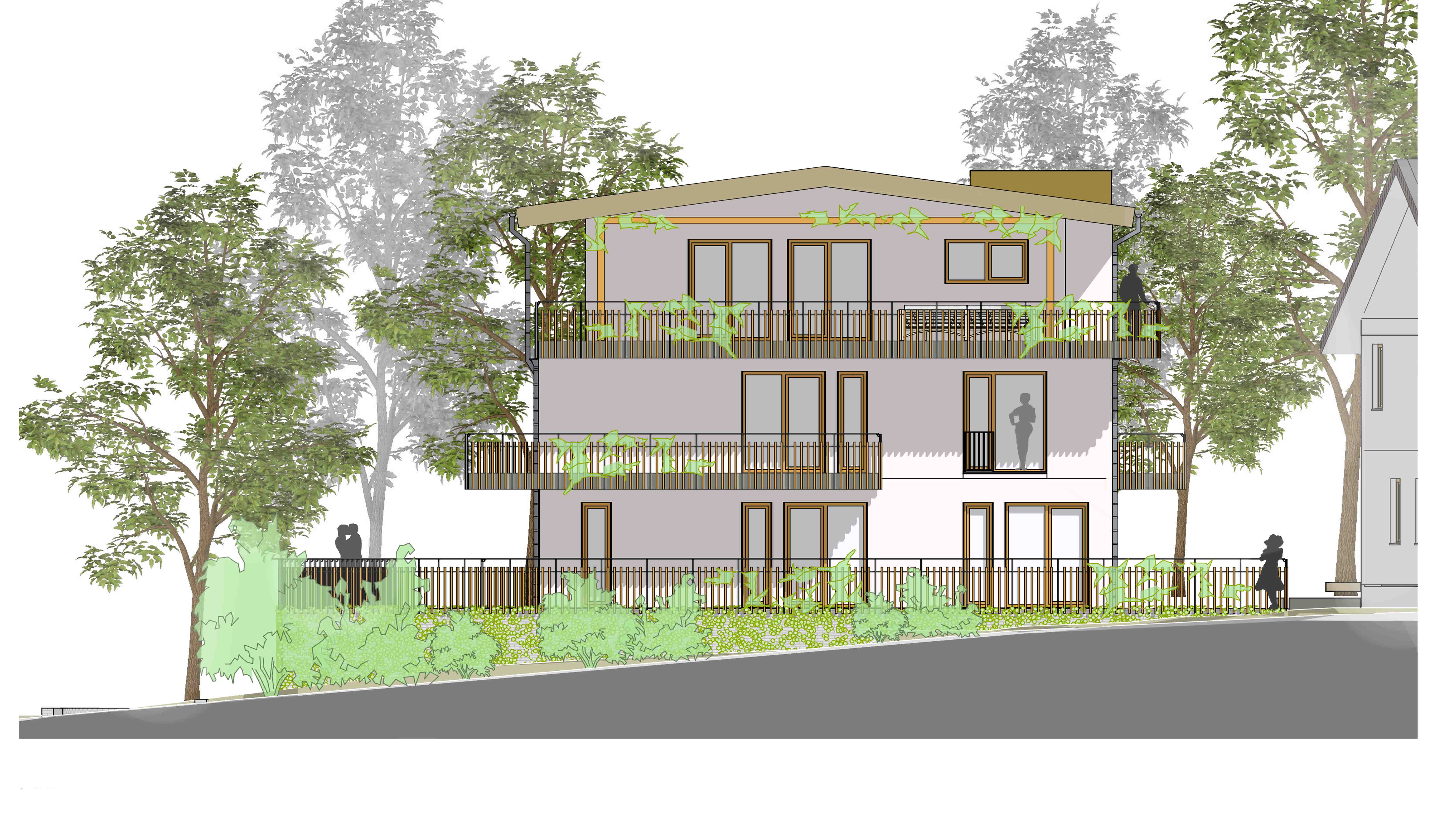 Südansicht des modernen Mehrfamilienwohnhauses in Burgstetten mit großzügigen Balkonen, begrünten Fassaden und harmonischer Einbindung in die umgebende Hanglage.