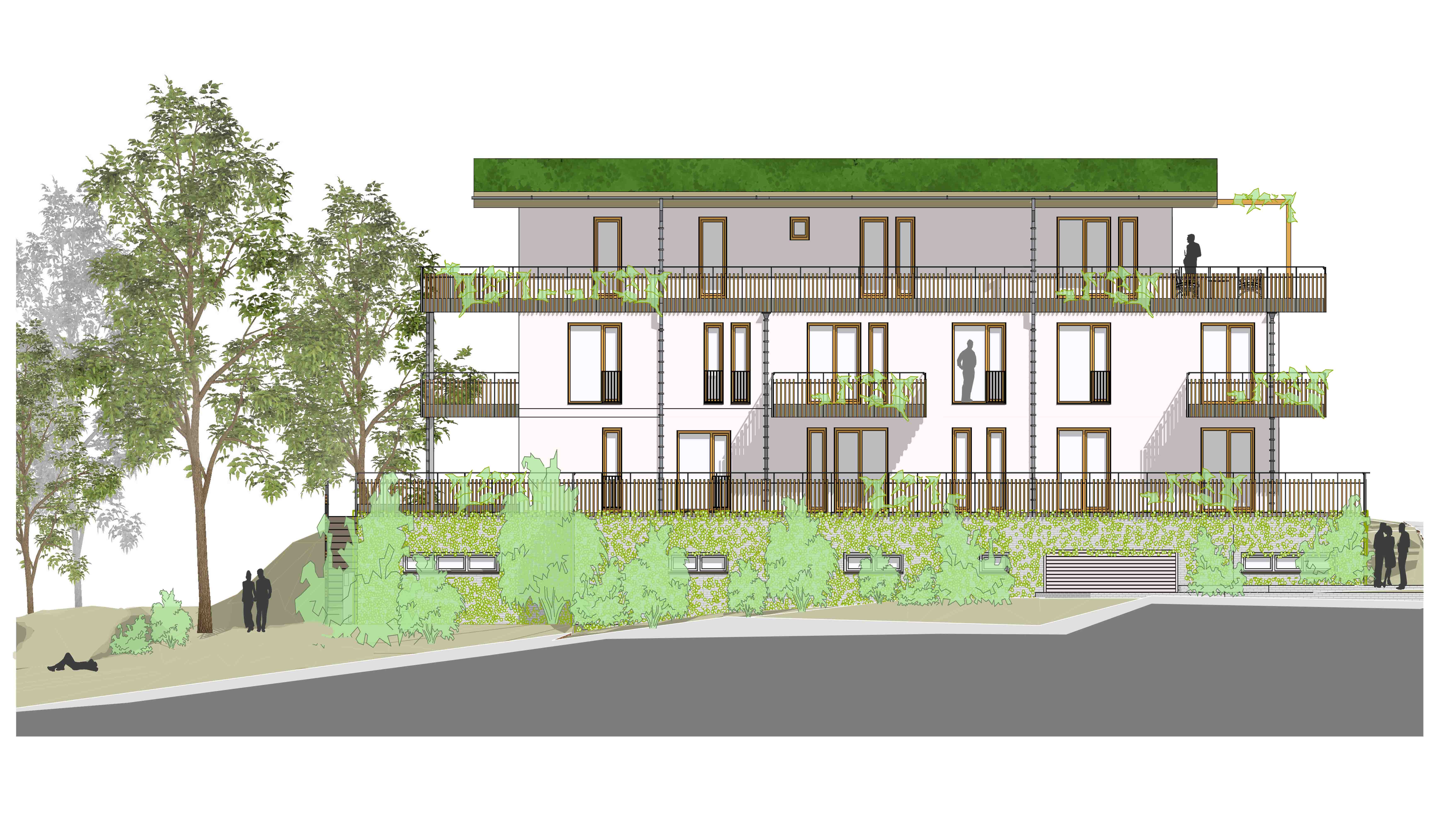 Westansicht des Mehrfamilienwohnhauses in Burgstetten mit begrüntem Sockelbereich, großen Balkonen, moderner Fassadengestaltung und harmonischer Einbettung in die grüne Umgebung.