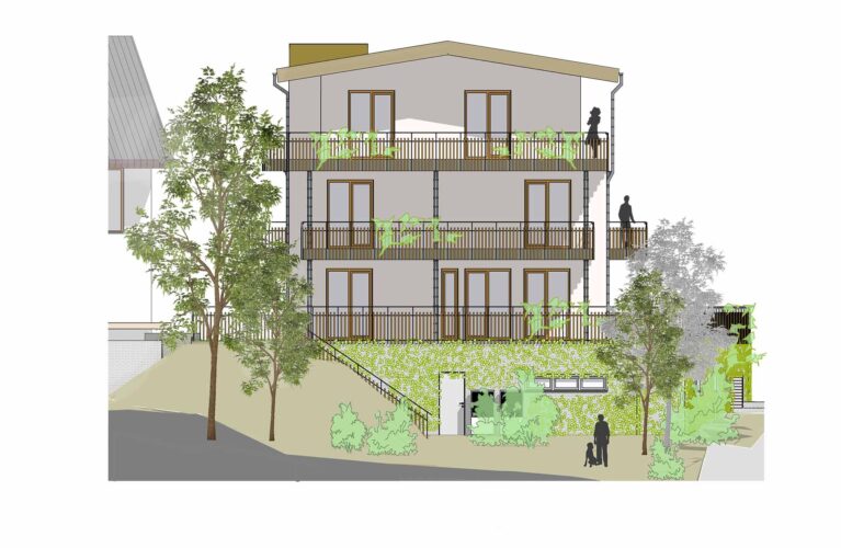 Nordansicht des Mehrfamilienwohnhauses in Burgstetten mit Terrassen, großzügigen Fensterflächen, begrünten Fassadenbereichen und harmonischer Einbettung in die Umgebung.